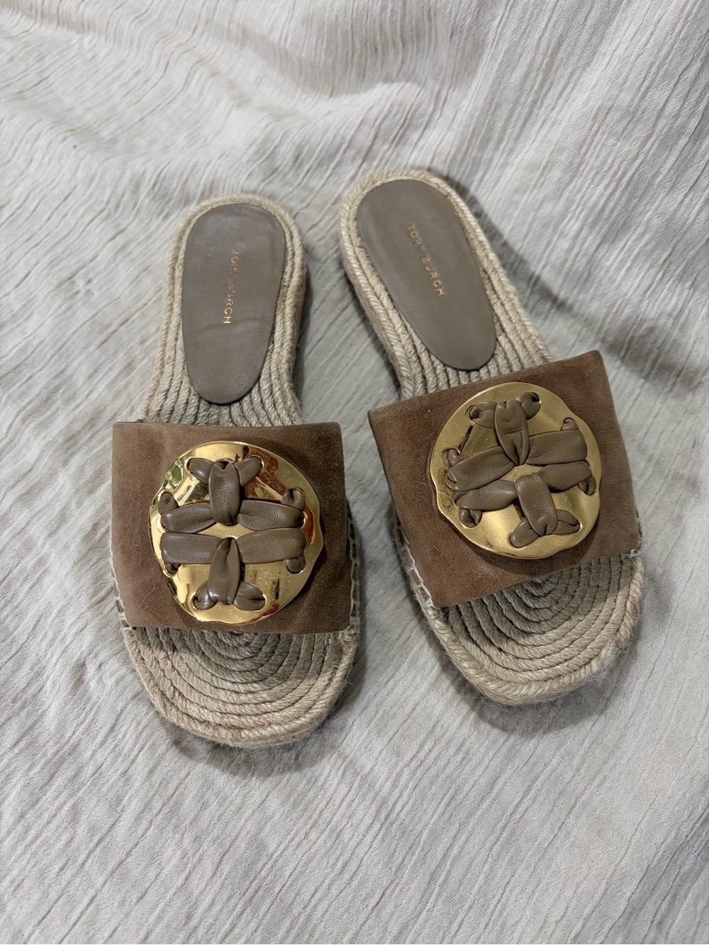 Tory Burch Taupe Suede Espadrille Slide with Gold Medallion